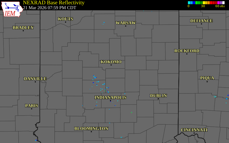 NEXRAD radar during the Saturday, March 21, 2026 storm activity in Tipton County, Indiana