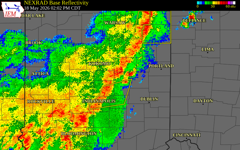 NEXRAD radar during the Monday, May 18, 2026 storm activity in Tipton County, Indiana