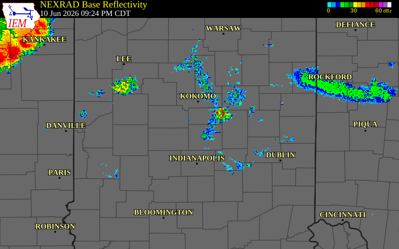 NEXRAD radar during the Wednesday, June 10, 2026 storm activity in Tipton County, Indiana
