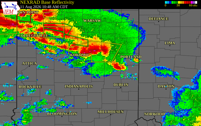 NEXRAD radar during the Tuesday, August 11, 2026 storm activity in Tipton County, Indiana