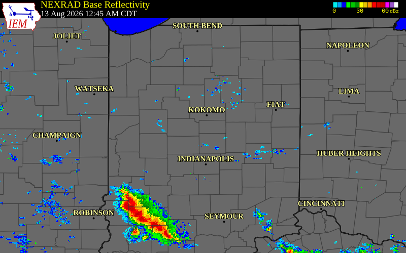 Radar snapshot during the Aug 12, 2026 wind event near Tipton County, Tipton County, Indiana, with NWS warning polygons