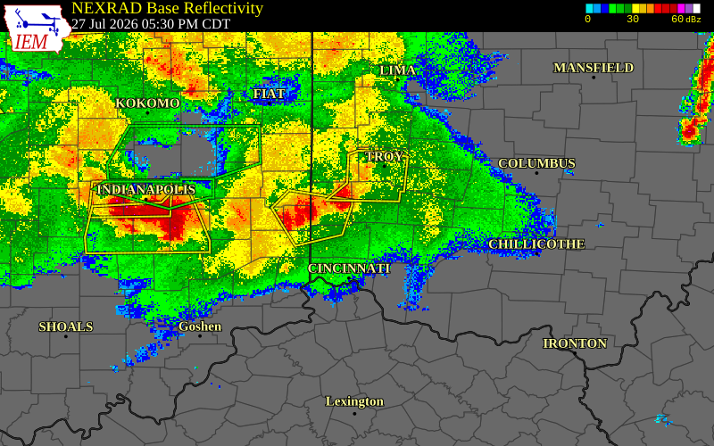 Radar snapshot during the Jul 27, 2026 wind event near Union County, Union County, Indiana, with NWS warning polygons