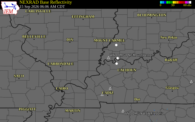 Current NEXRAD radar over Union County, Indiana with recent storm report locations