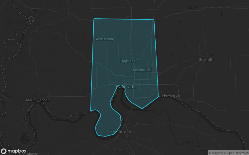 Map of Vanderburgh County, Indiana showing the county boundary and surrounding cities
