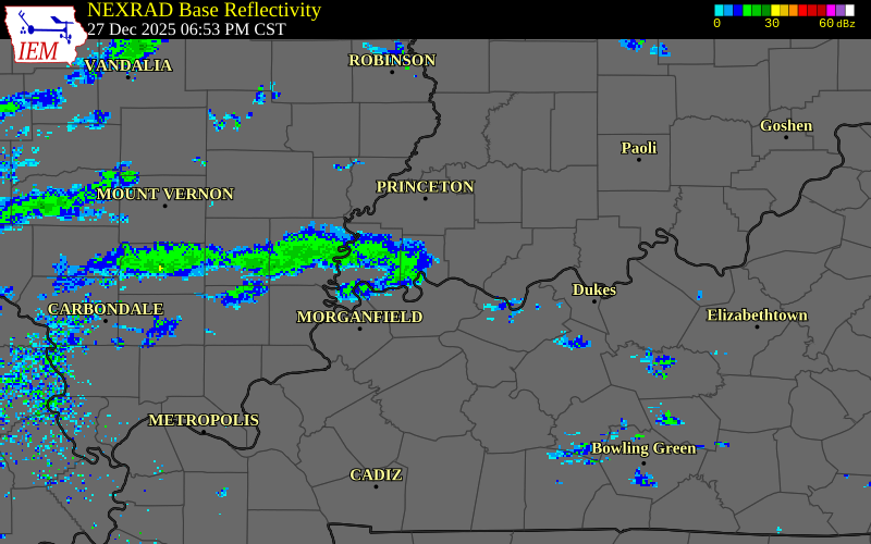 NEXRAD radar during the Saturday, December 27, 2025 storm activity in Vanderburgh County, Indiana