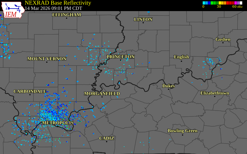 NEXRAD radar during the Saturday, March 14, 2026 storm activity in Vanderburgh County, Indiana