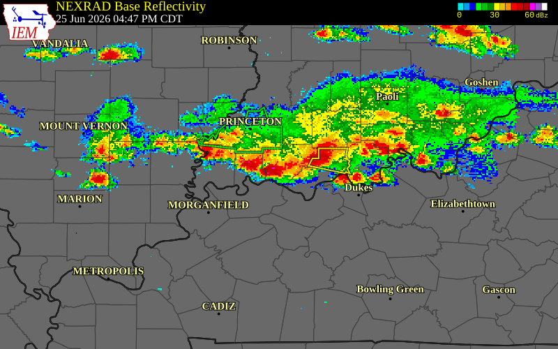 NEXRAD radar during the Thursday, June 25, 2026 storm activity in Vanderburgh County, Indiana