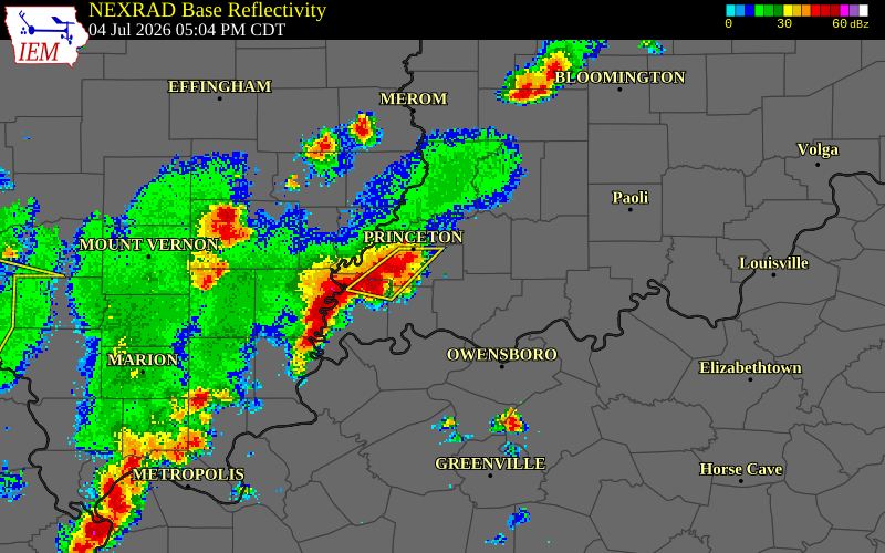 NEXRAD radar during the Saturday, July 4, 2026 storm activity in Vanderburgh County, Indiana
