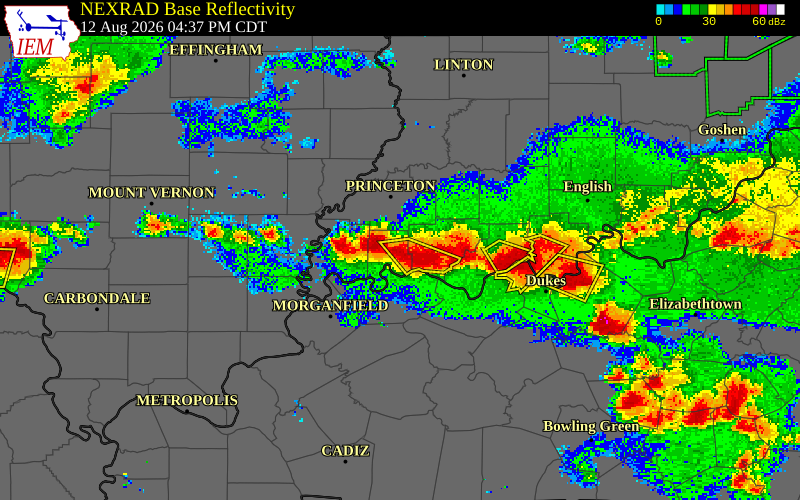 NEXRAD radar during the Wednesday, August 12, 2026 storm activity in Vanderburgh County, Indiana