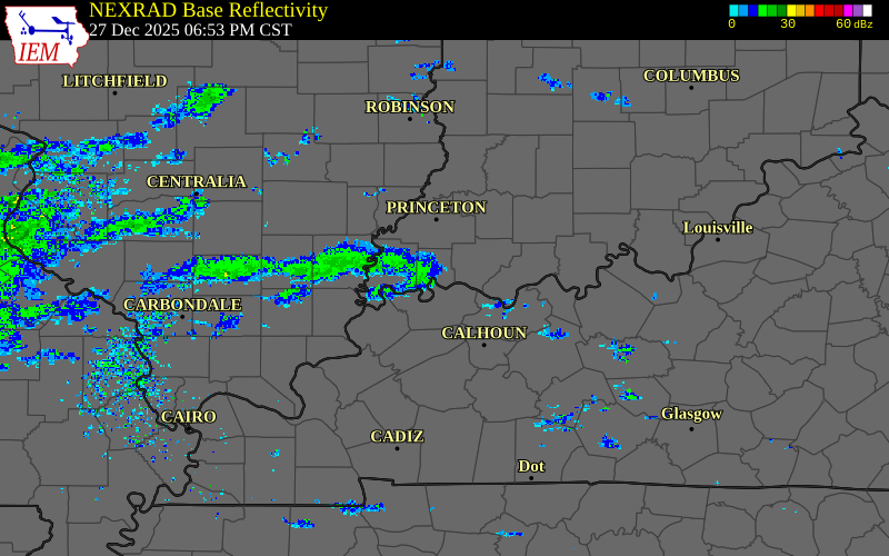 Radar snapshot during the Dec 27, 2025 wind event near 1 E Evansville, Vanderburgh County, Indiana, with NWS warning polygons