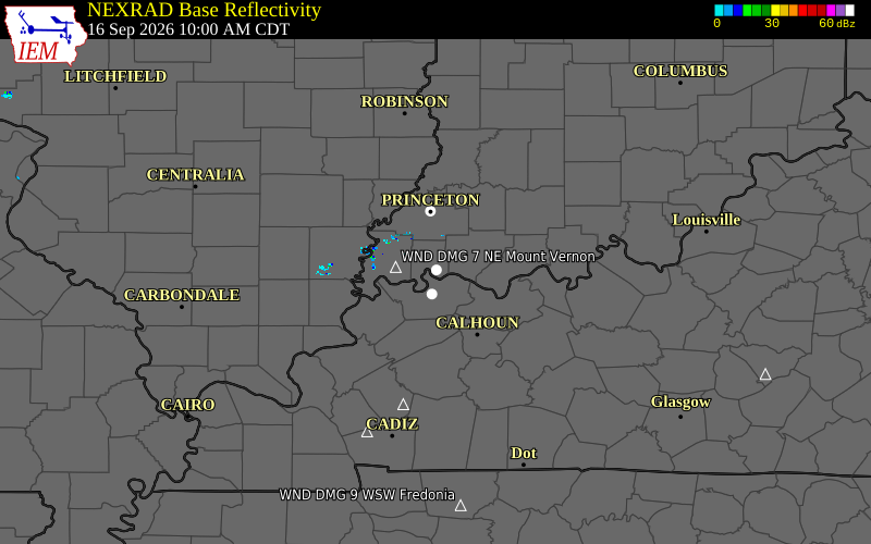 Current NEXRAD radar over Vanderburgh County, Indiana with recent storm report locations