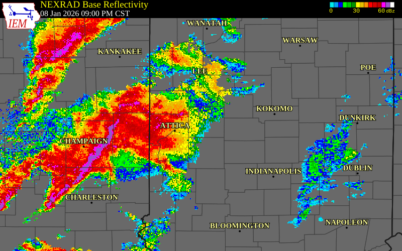 NEXRAD radar during the Thursday, January 8, 2026 storm activity in Vermillion County, Indiana