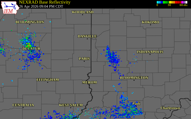 NEXRAD radar during the Sunday, April 26, 2026 storm activity in Vermillion County, Indiana