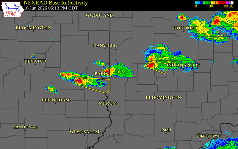 NEXRAD radar during the Tuesday, June 16, 2026 storm activity in Vermillion County, Indiana