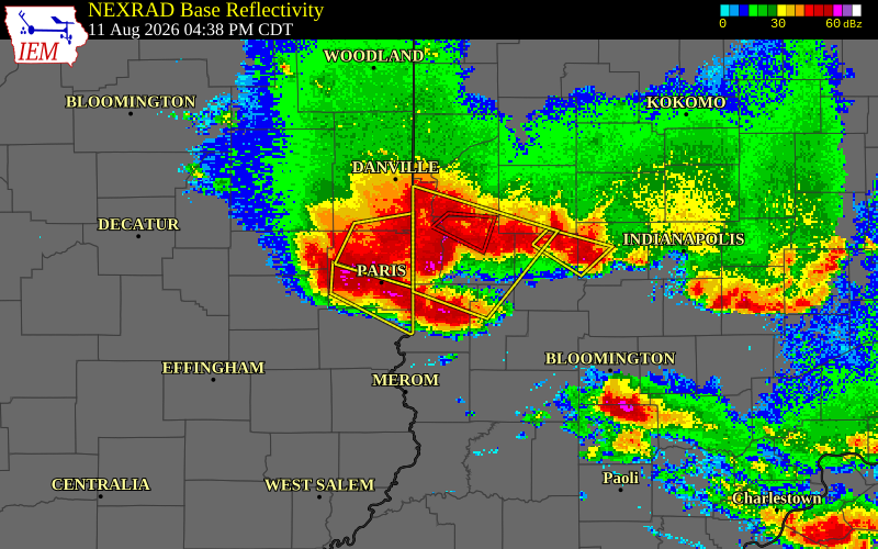 NEXRAD radar during the Tuesday, August 11, 2026 storm activity in Vermillion County, Indiana