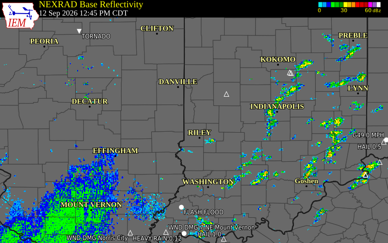 Current NEXRAD radar over Vermillion County, Indiana with recent storm report locations
