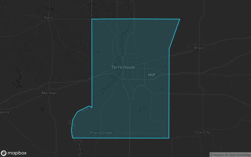 Map of Vigo County, Indiana showing the county boundary and surrounding cities