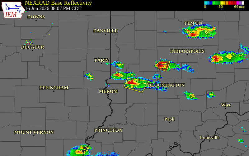 NEXRAD radar during the Tuesday, June 16, 2026 storm activity in Vigo County, Indiana