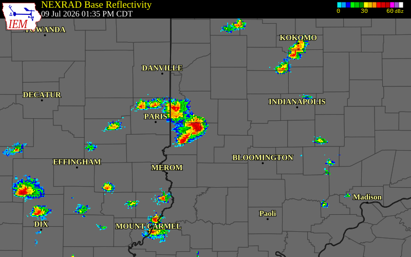 NEXRAD radar during the Thursday, July 9, 2026 storm activity in Vigo County, Indiana