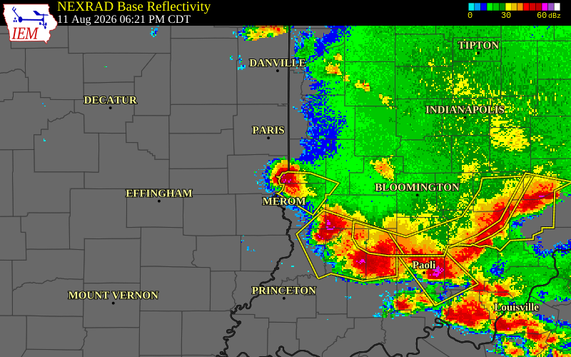 NEXRAD radar during the Tuesday, August 11, 2026 storm activity in Vigo County, Indiana