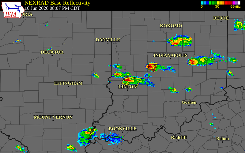 Radar snapshot during the Jun 16, 2026 tornado event near 2 SSE Riley, Vigo County, Indiana, with NWS warning polygons