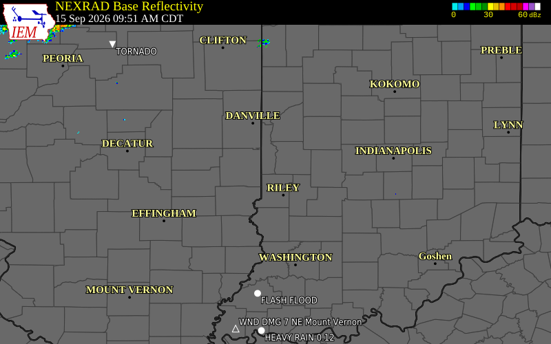 Current NEXRAD radar over Vigo County, Indiana with recent storm report locations