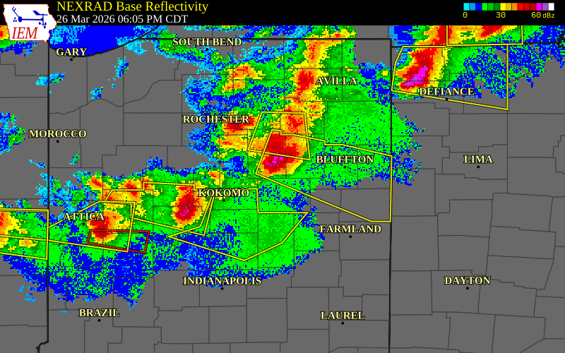 NEXRAD radar during the Thursday, March 26, 2026 storm activity in Wabash County, Indiana