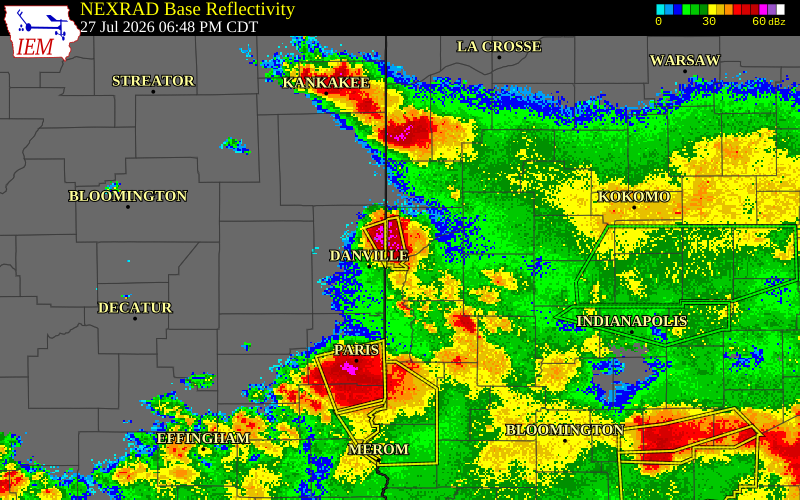 NEXRAD radar during the Monday, July 27, 2026 storm activity in Warren County, Indiana