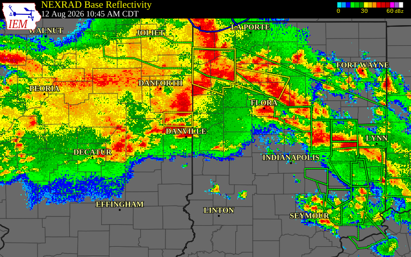 Radar snapshot during the Aug 12, 2026 wind event near Warren County, Warren County, Indiana, with NWS warning polygons