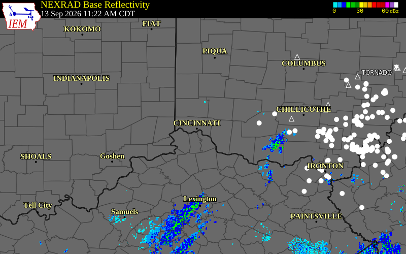 Current NEXRAD radar over Warren County, Indiana with recent storm report locations