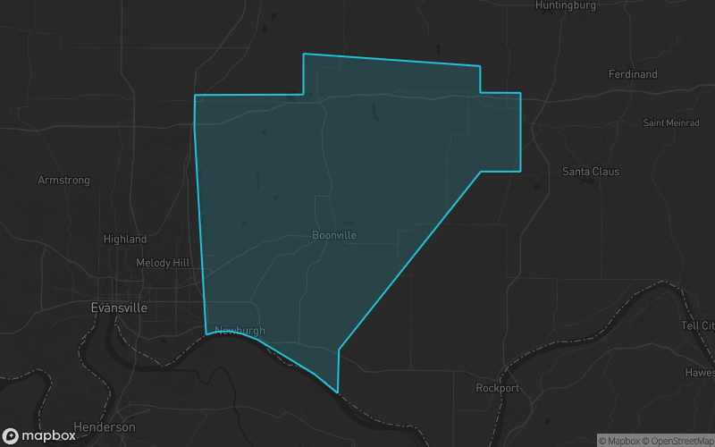 Map of Warrick County, Indiana showing the county boundary and surrounding cities