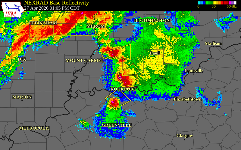 NEXRAD radar during the Monday, April 27, 2026 storm activity in Warrick County, Indiana
