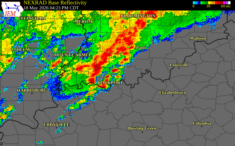 NEXRAD radar during the Monday, May 18, 2026 storm activity in Warrick County, Indiana