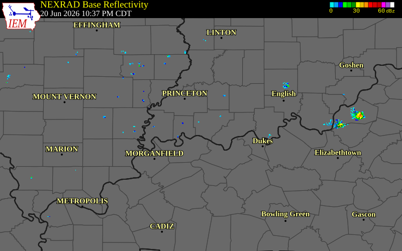 NEXRAD radar during the Saturday, June 20, 2026 storm activity in Warrick County, Indiana