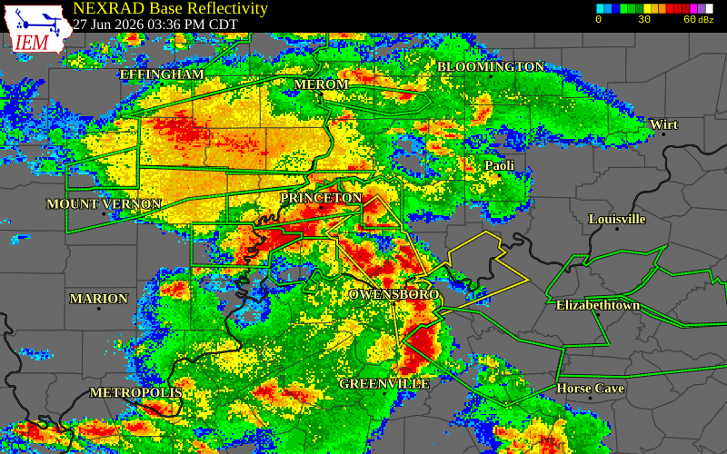 NEXRAD radar during the Saturday, June 27, 2026 storm activity in Warrick County, Indiana