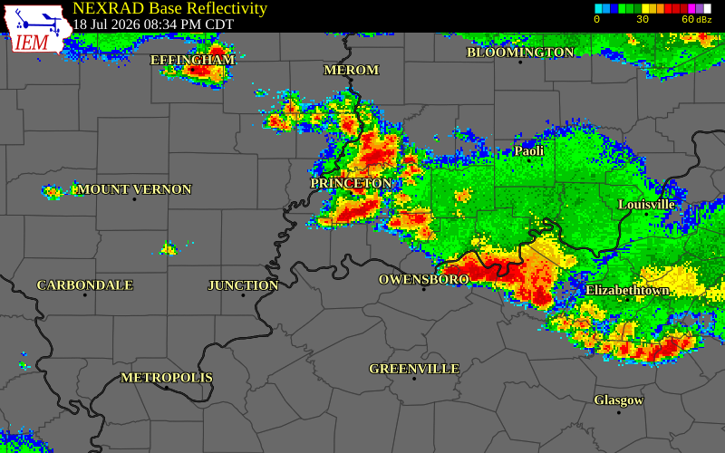 NEXRAD radar during the Saturday, July 18, 2026 storm activity in Warrick County, Indiana