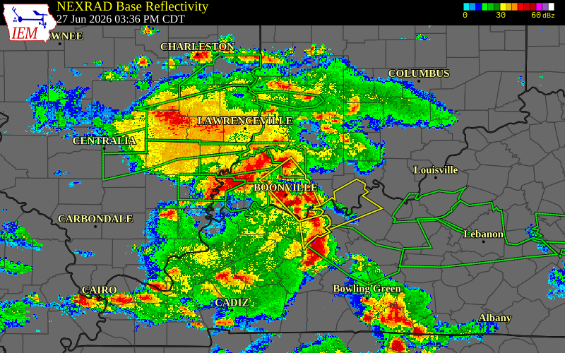 Radar snapshot during the Jun 27, 2026 tornado event near 3 WSW Spurgeon, Warrick County, Indiana, with NWS warning polygons