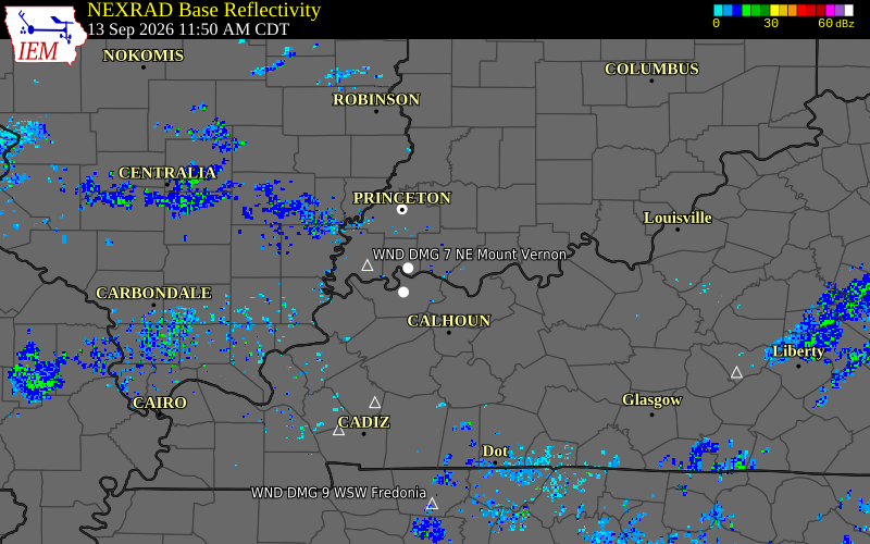 Current NEXRAD radar over Warrick County, Indiana with recent storm report locations