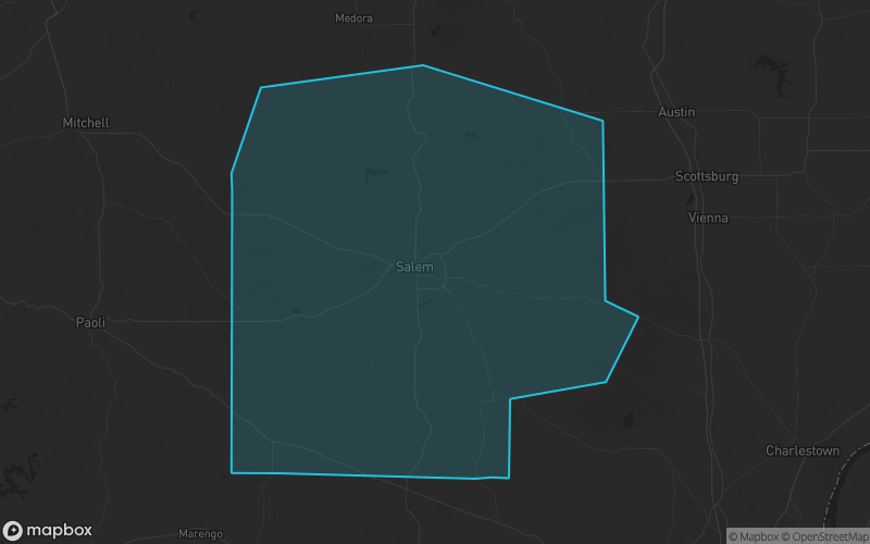 Map of Washington County, Indiana showing the county boundary and surrounding cities