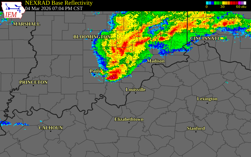 NEXRAD radar during the Wednesday, March 4, 2026 storm activity in Washington County, Indiana