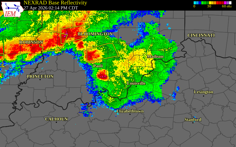 NEXRAD radar during the Monday, April 27, 2026 storm activity in Washington County, Indiana