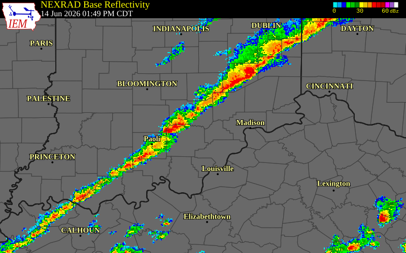 NEXRAD radar during the Sunday, June 14, 2026 storm activity in Washington County, Indiana