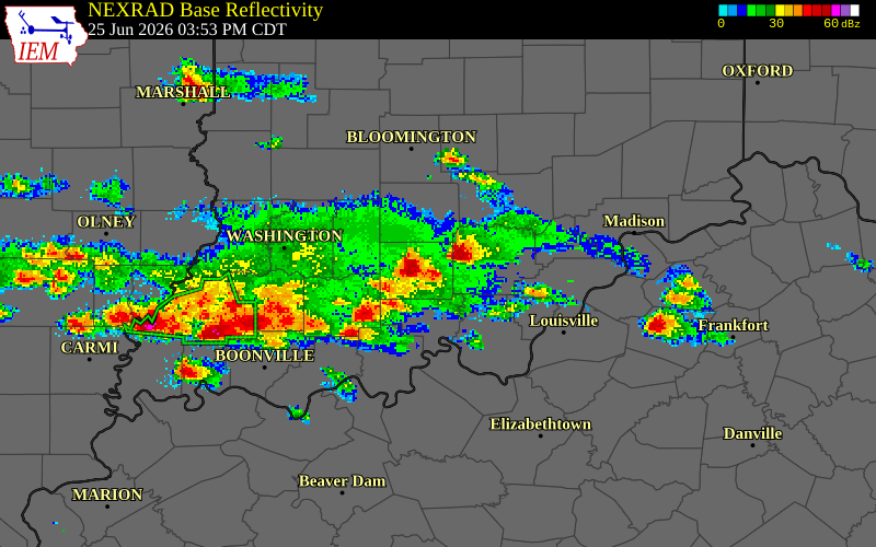 NEXRAD radar during the Thursday, June 25, 2026 storm activity in Washington County, Indiana