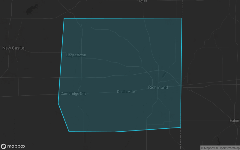 Map of Wayne County, Indiana showing the county boundary and surrounding cities