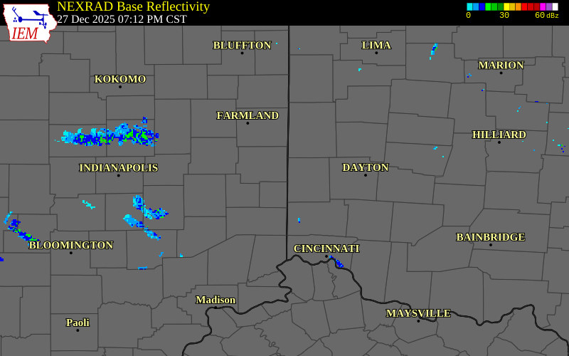 NEXRAD radar during the Saturday, December 27, 2025 storm activity in Wayne County, Indiana