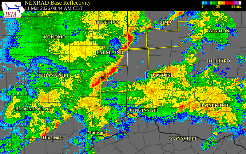 NEXRAD radar during the Wednesday, March 11, 2026 storm activity in Wayne County, Indiana