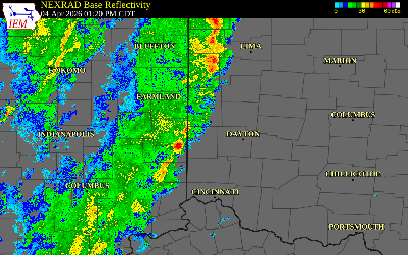 NEXRAD radar during the Saturday, April 4, 2026 storm activity in Wayne County, Indiana