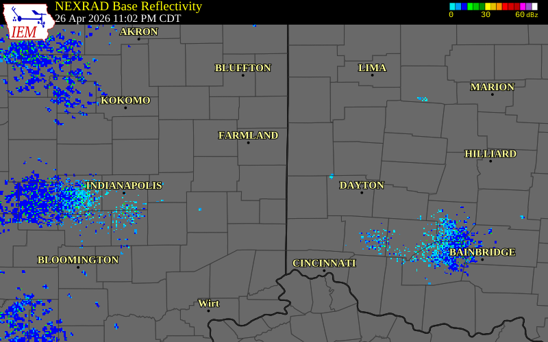 NEXRAD radar during the Monday, April 27, 2026 storm activity in Wayne County, Indiana