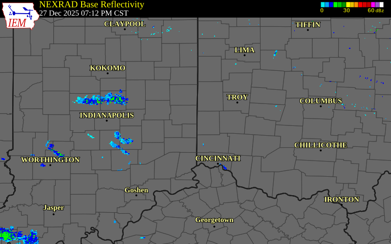 Radar snapshot during the Dec 27, 2025 wind event near 1 NNE Boston, Wayne County, Indiana, with NWS warning polygons