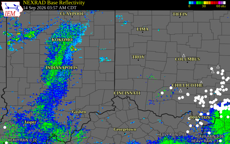 Current NEXRAD radar over Wayne County, Indiana with recent storm report locations